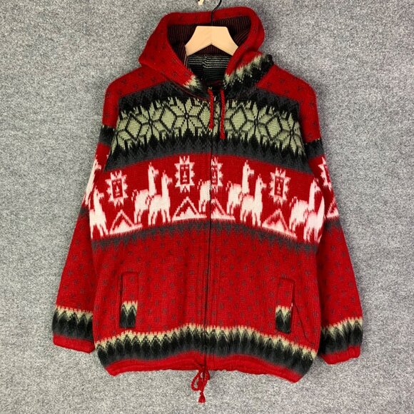 VTG Tejidos Ruminahui Ecuador Wool Aztec Alpaca‎ Hoodie Full Zip Sweater Size M - Picture 1 of 12